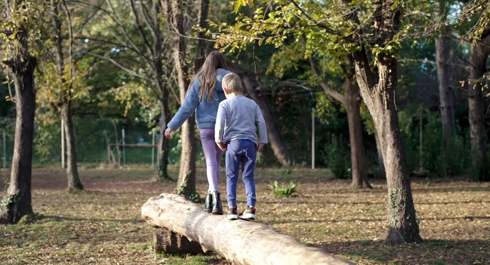 Bambini che camminano su un tronco
